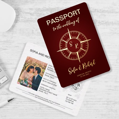 Passport Wedding Destination Gold Compass Monogram Foil Invitation
