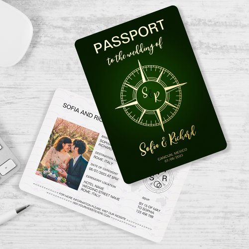 Passport Wedding Destination Gold Compass Monogram Foil Invitation