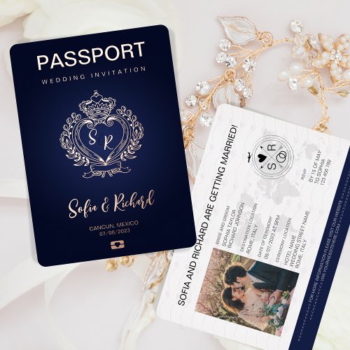 Passport Wedding Destination Gold Crest Monogram Foil Invitation