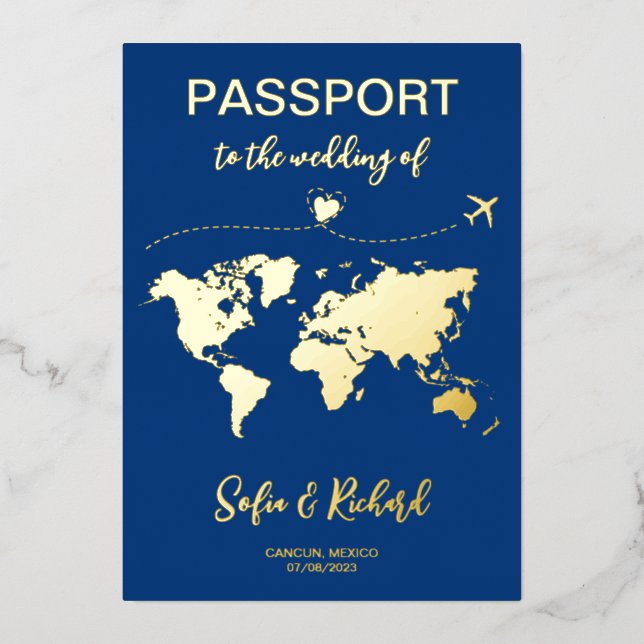 Passport Wedding Destination Gold Foil Adventure Invitation (Front)