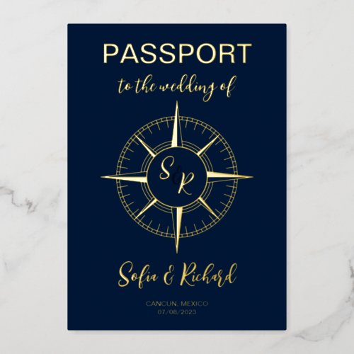 Passport Wedding Destination Gold Foil Compass Foil Invitation