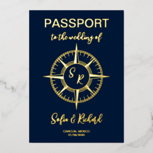 Passport Wedding Destination Gold Foil Compass Invitation
