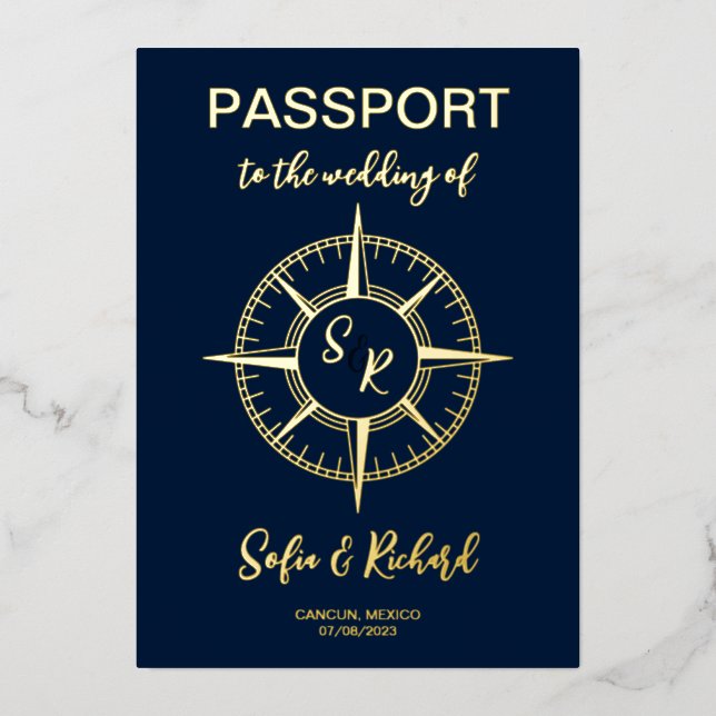 Passport Wedding Destination Gold Foil Compass Invitation (Front)
