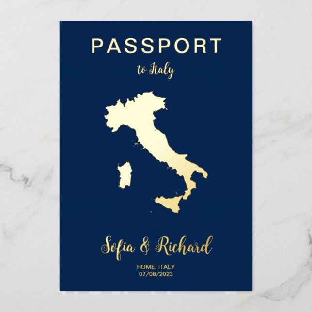 Passport Wedding Destination Gold Foil Italy Map Invitation (Front)