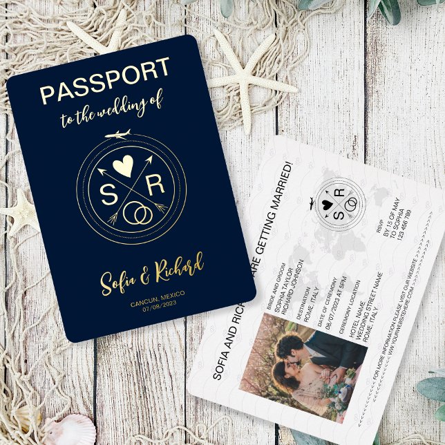 Passport Wedding Destination Gold Foil Monogram Foil Invitation (Creator Uploaded)