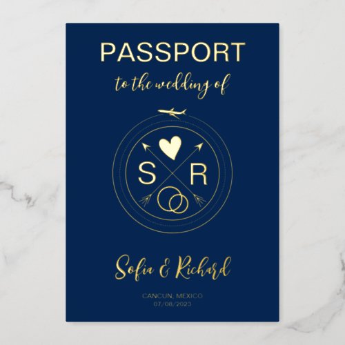 Passport Wedding Destination Gold Foil plane heart Foil Invitation