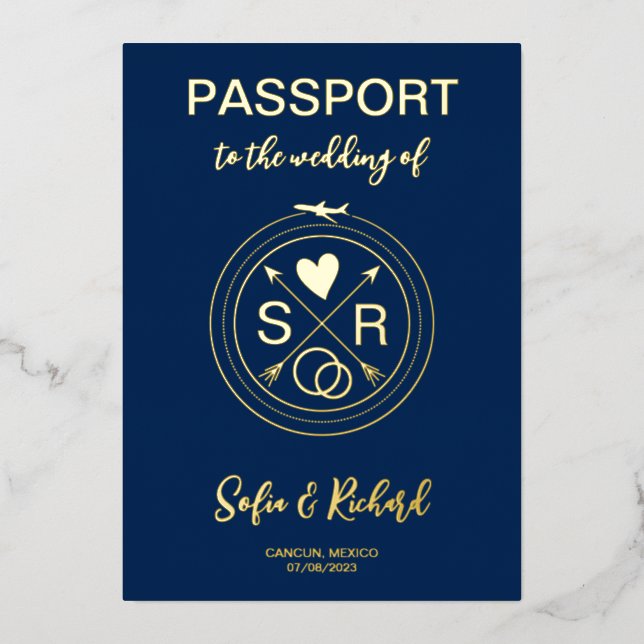 Passport Wedding Destination Gold Foil plane heart Foil Invitation (Front)