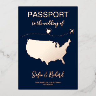 Passport Wedding Destination Gold Foil plane heart Foil Invitation
