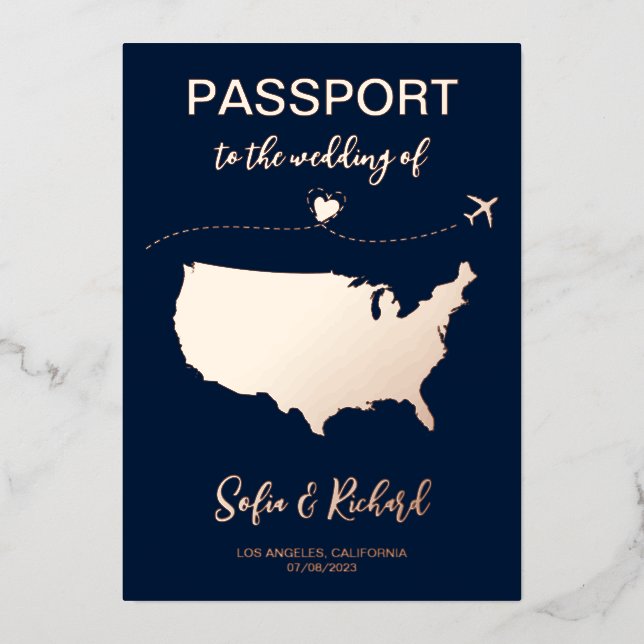 Passport Wedding Destination Gold Foil plane heart Foil Invitation (Front)