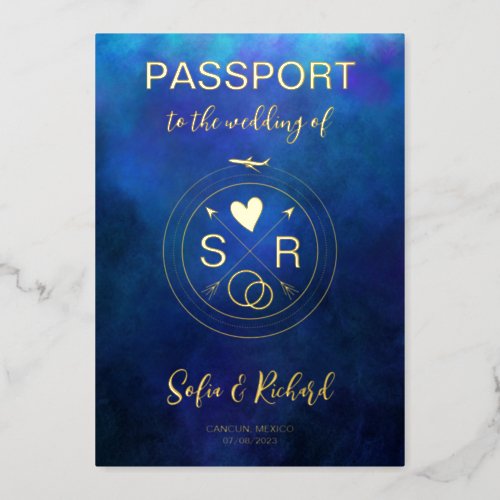 Passport Wedding Destination Gold Foil plane heart Foil Invitation