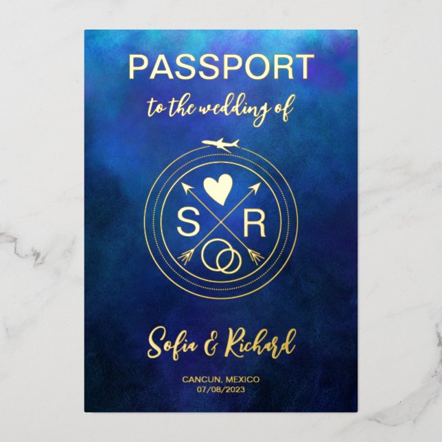 Passport Wedding Destination Gold Foil plane heart Foil Invitation (Front)