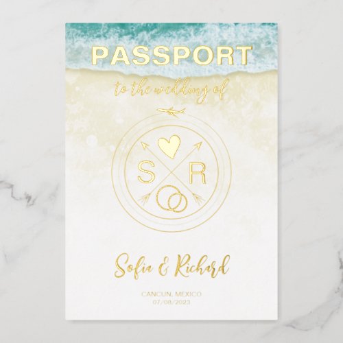 Passport Wedding Destination Gold Foil plane heart Foil Invitation