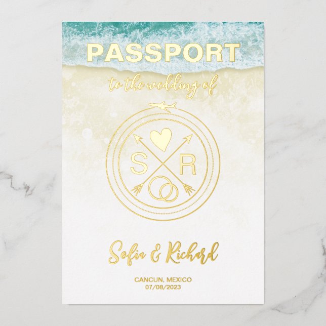 Passport Wedding Destination Gold Foil plane heart Foil Invitation (Front)