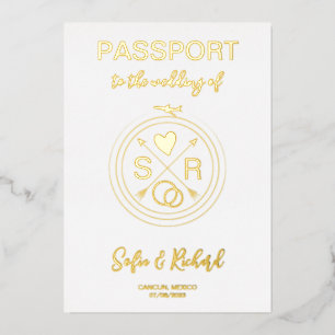 Passport Wedding Destination Gold Foil plane heart Foil Invitation