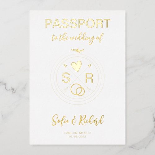 Passport Wedding Destination Gold Foil plane heart Foil Invitation