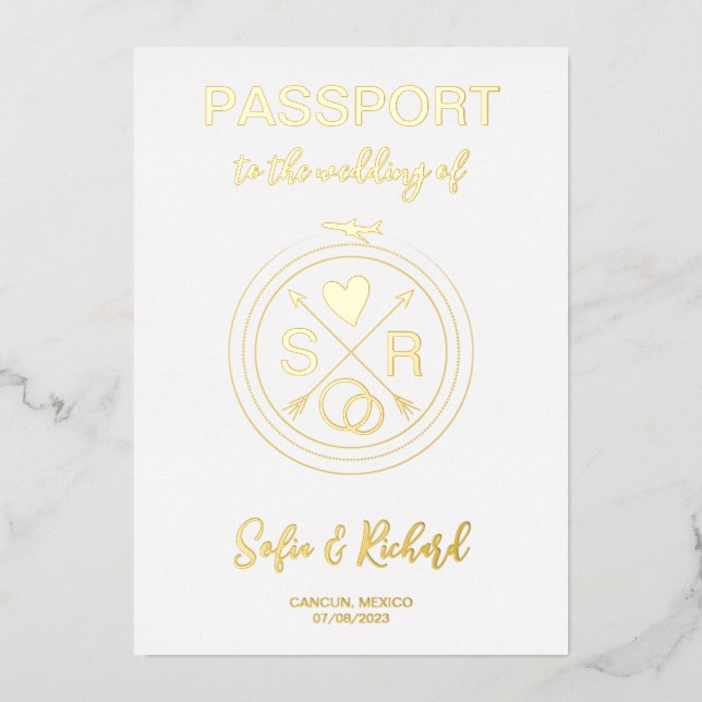 Passport Wedding Destination Gold Foil plane heart Foil Invitation (Front)