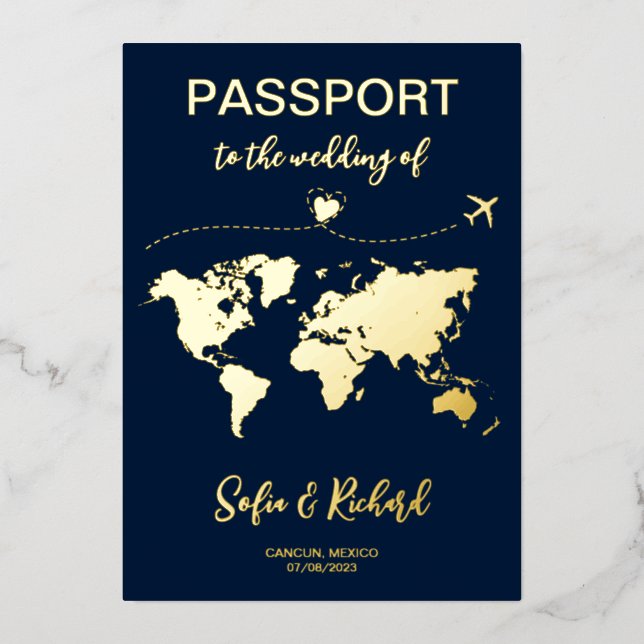 Passport Wedding Destination Gold Foil plane heart Foil Invitation (Front)