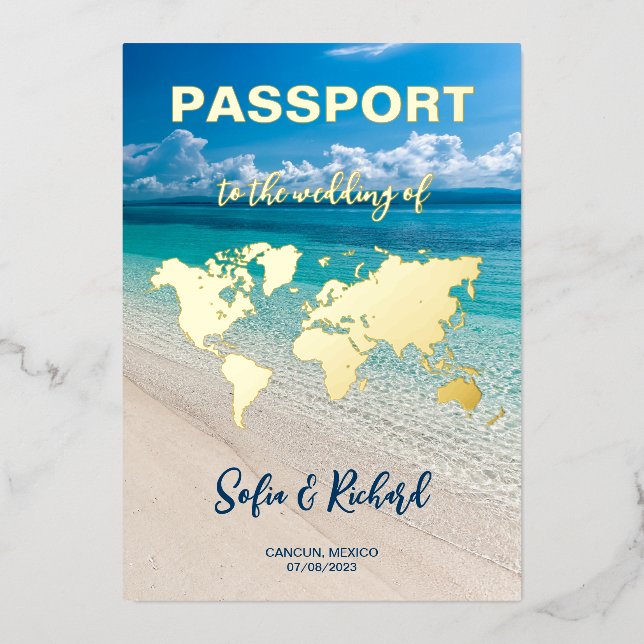 Passport Wedding Destination Gold Foil plane heart Foil Invitation (Front)