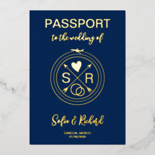 Passport Wedding Destination Gold Foil plane heart Invitation