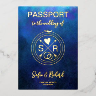 Passport Wedding Destination Gold Foil plane heart Invitation