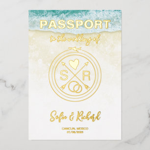 Passport Wedding Destination Gold Foil plane heart Invitation