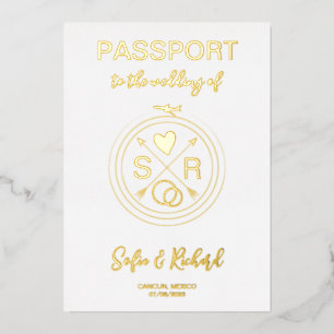 Passport Wedding Destination Gold Foil plane heart Invitation