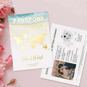 Passport Wedding Destination Gold Foil plane heart Invitation