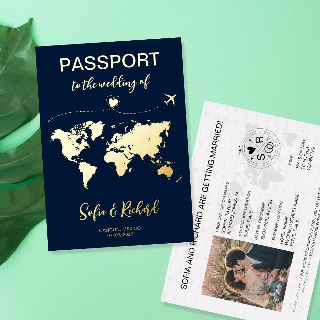 Passport Wedding Destination Gold Foil plane heart Invitation (Creator Uploaded)