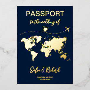 Passport Wedding Destination Gold Foil plane heart Invitation
