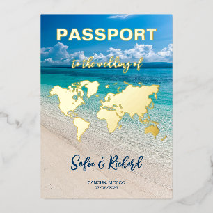 Passport Wedding Destination Gold Foil plane heart Invitation