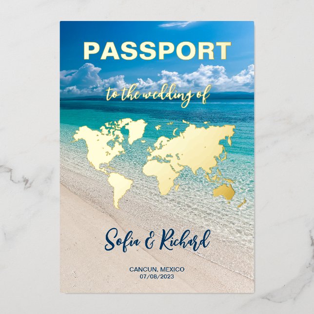 Passport Wedding Destination Gold Foil plane heart Invitation (Front)