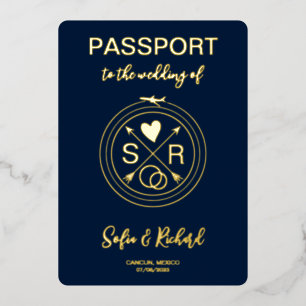 Passport Wedding Destination Gold Foil QR Code Foil Invitation