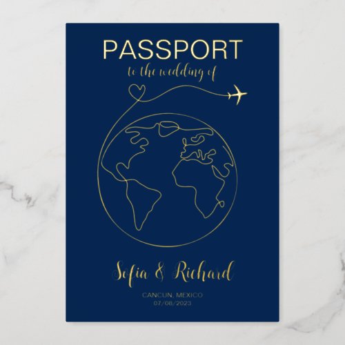 Passport Wedding Destination Gold Foil World Map F Foil Invitation