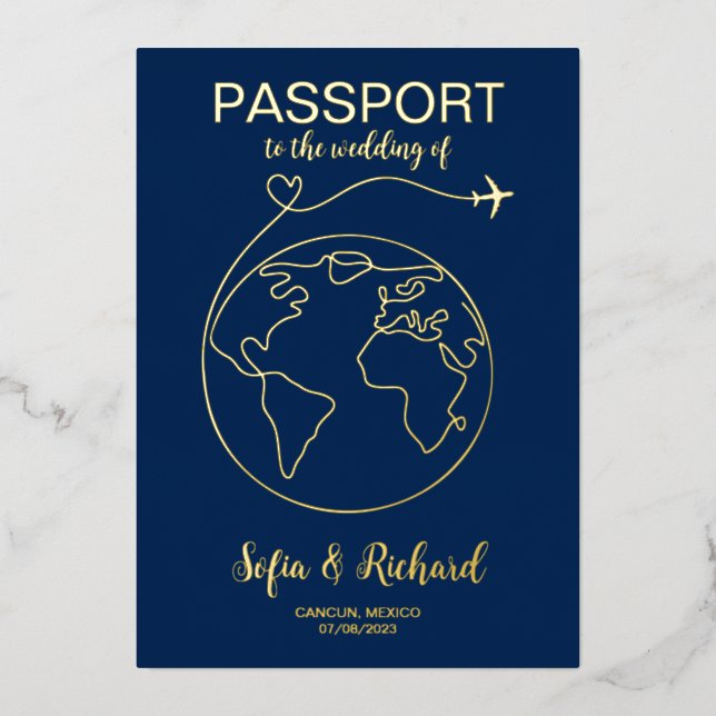 Passport Wedding Destination Gold Foil World Map F Foil Invitation (Front)