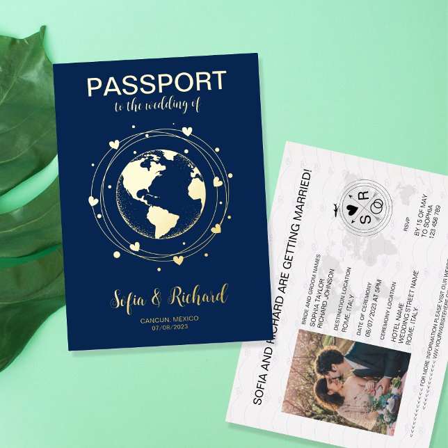 Passport Wedding Destination Gold Foil World Map F Foil Invitation (Creator Uploaded)