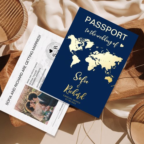 Passport Wedding Destination Gold Foil World Map F Foil Invitation