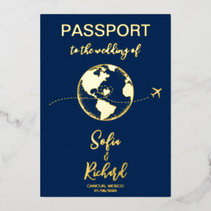 Passport Wedding Destination Gold Foil World Map F Foil Invitation