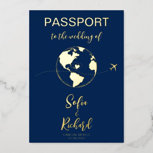 Passport Wedding Destination Gold Foil World Map F Foil Invitation