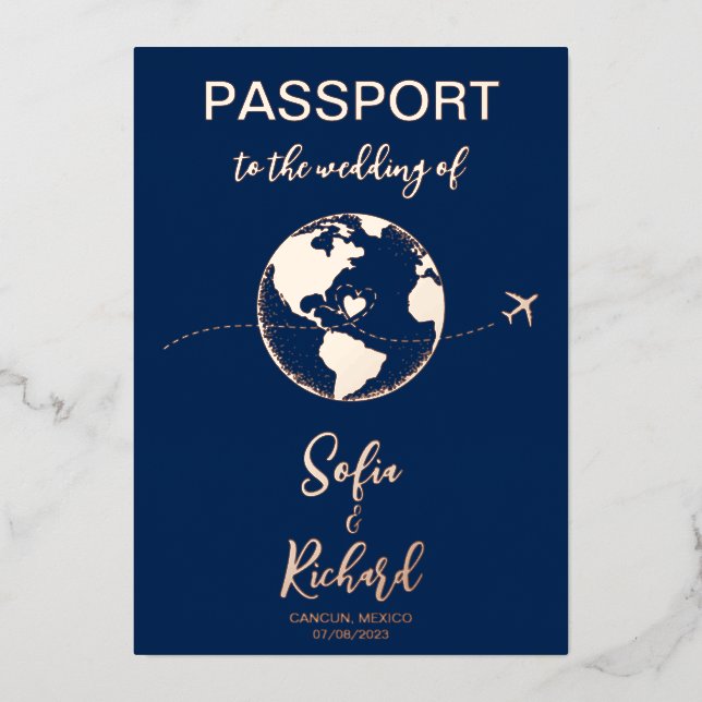 Passport Wedding Destination Gold Foil World Map F Invitation (Front)