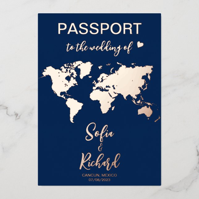Passport Wedding Destination Gold Foil World Map F Invitation (Front)