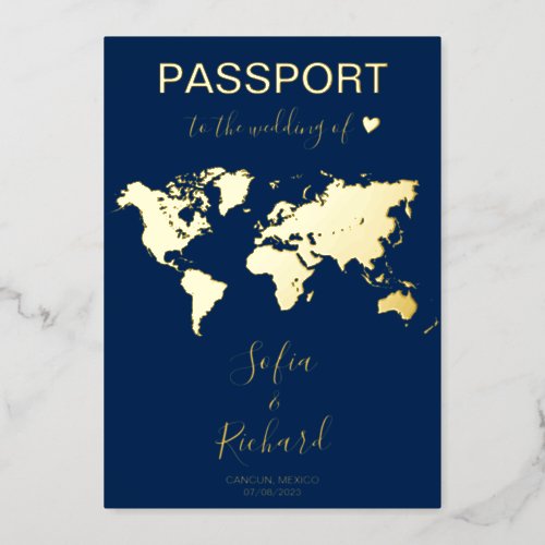 Passport Wedding Destination Gold Foil World Map Foil Invitation