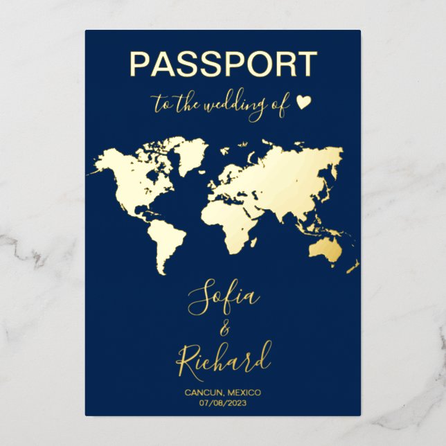 Passport Wedding Destination Gold Foil World Map Foil Invitation (Front)
