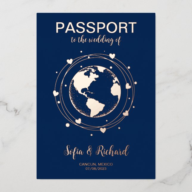 Passport Wedding Destination Gold Foil World Map Invitation (Front)