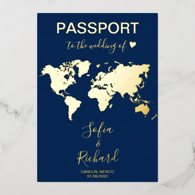 Passport Wedding Destination Gold Foil World Map Invitation (Front)
