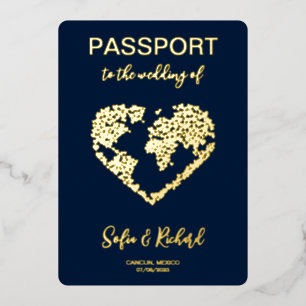 Passport Wedding Destination Gold Foil World Map Invitation