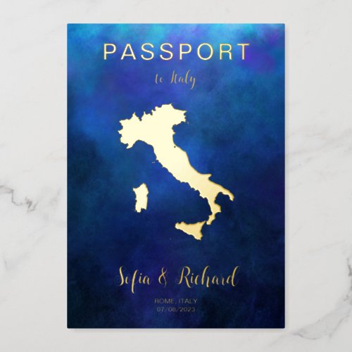 Passport Wedding Destination Gold Navy Italy Map Foil Invitation