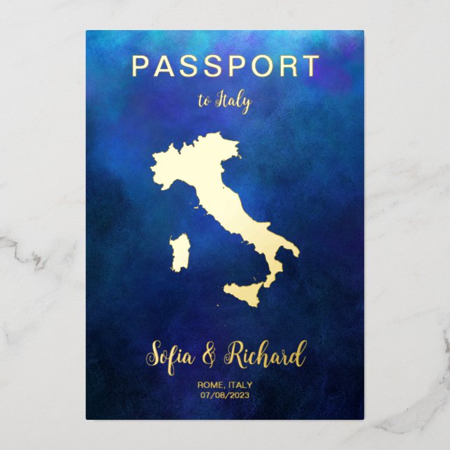 Passport Wedding Destination Gold Navy Italy Map Foil Invitation (Front)