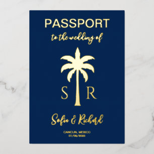 Passport Wedding Destination Gold Palm Monogram Foil Invitation