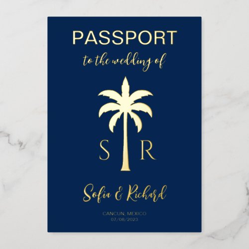Passport Wedding Destination Gold Palm Monogram Foil Invitation