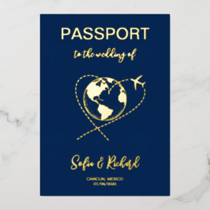 Passport Wedding Destination Gold World Map Foil I Foil Invitation